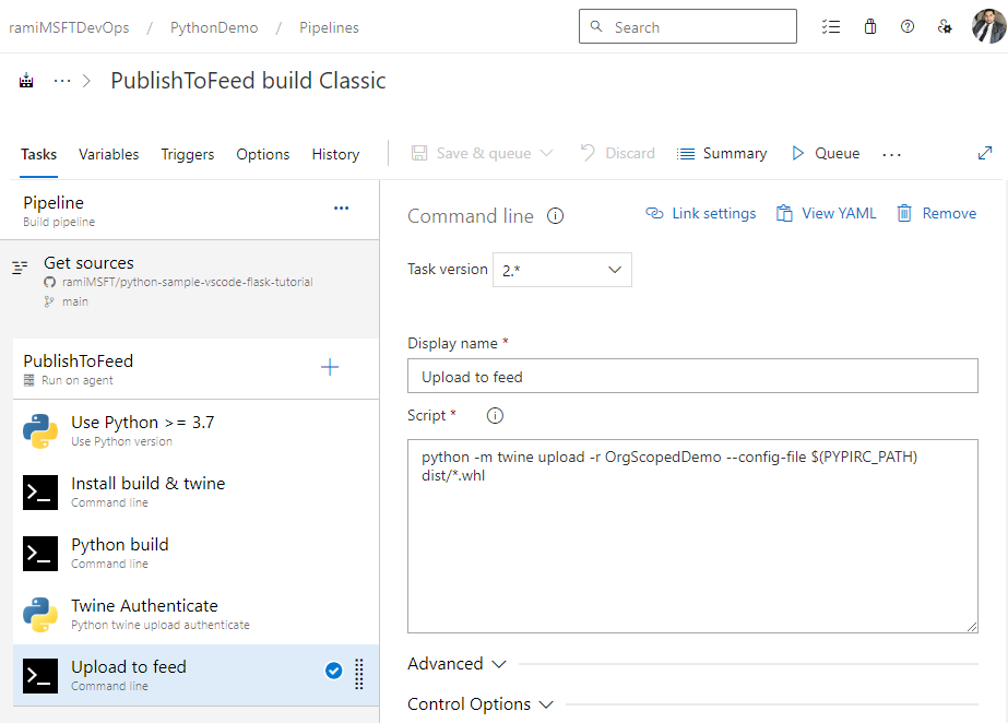 Ein Screenshot, der eine klassische Pipeline zum Veröffentlichen von Python-Paketen in einem Azure Artifacts-Feed zeigt.