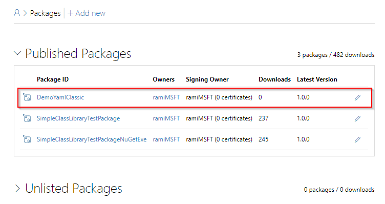 Ein Screenshot, der die veröffentlichten Pakete auf NuGet.org zeigt.