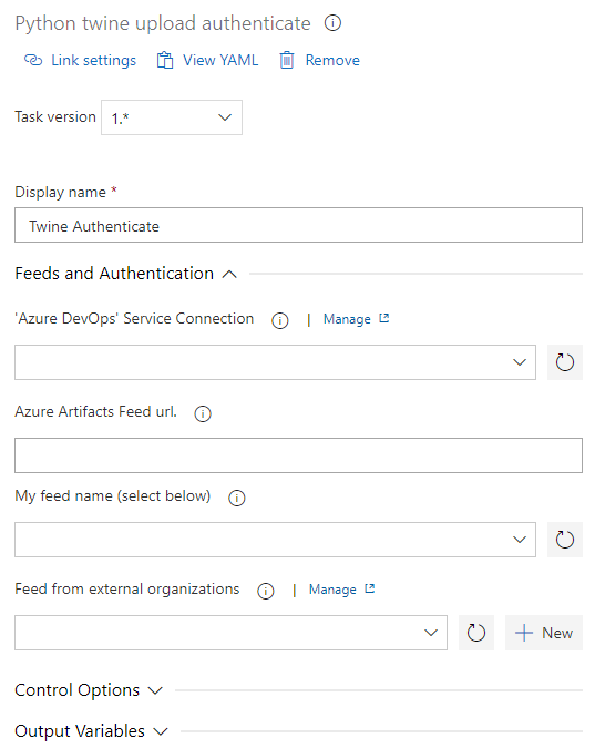 Ein Screenshot, der zeigt, wie man die Twine-Upload-Authentifizierungsaufgabe in Azure Pipelines konfiguriert.