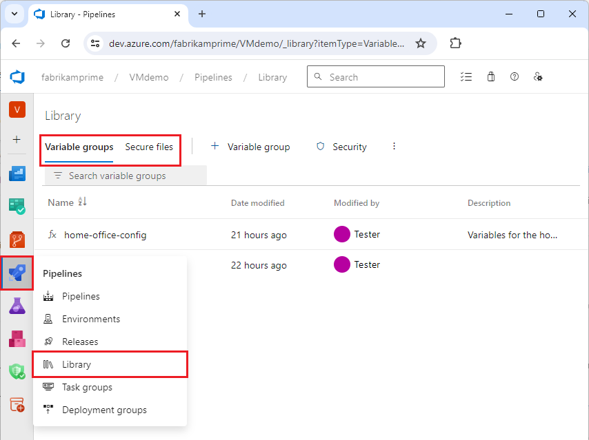 Screenshot einer Azure Pipelines-Ressourcenbibliothek.