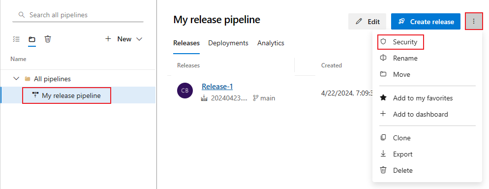 Screenshot des Sicherheitsdialogs der Freigabepipeline auf Objektebene.