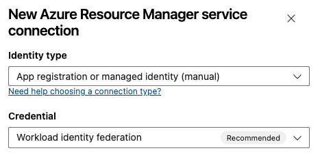 Screenshot der Auswahl der Workload Identity Service-Verbindung für verwaltete Identität.