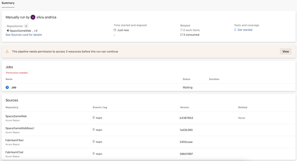 Screenshot: Erste Ausführung der SpaceGameWeb-Pipeline nach dem Aktivieren der Umschaltfläche „Zugriff auf Repositorys in YAML-Pipelines schützen“.