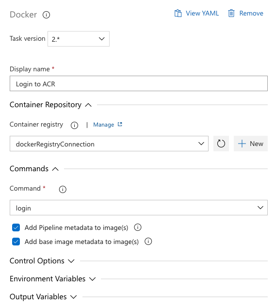 Screenshot: Anmeldung des Docker-Containerregistrierungstasks 