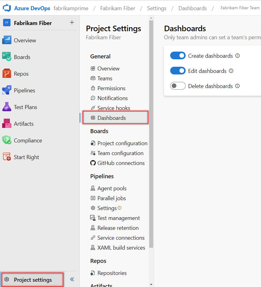 Screenshot des Webportals, Projekteinstellungen, öffnen Sie Dashboards, Azure DevOps Server 2019.