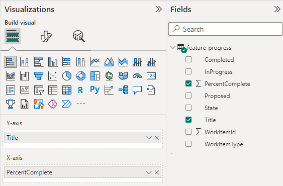 Screenshot der Auswahl von Power BI-Visualisierungen und -Feldern für Gestapelte Balkendiagramme für Featurestatus. 