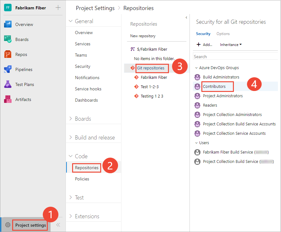 Projekteinstellungen>Code>Repositorys>Git-Repositorys>Sicherheit