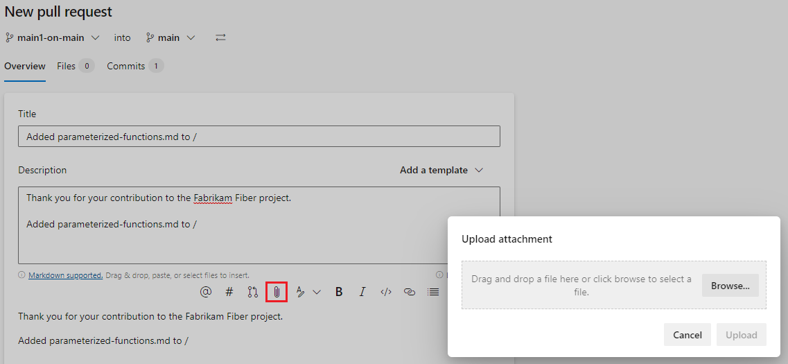 Screenshot, der zeigt, wie Dateien während der Erstellung an die P R-Beschreibung angefügt werden.
