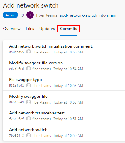 Screenshot: Commitliste auf der Registerkarte „Commits“ für einen PR