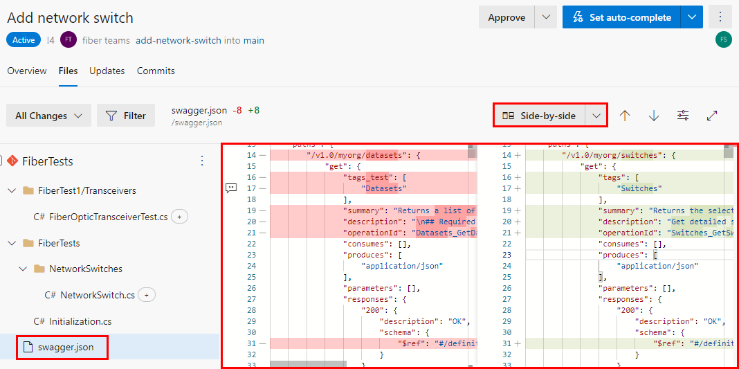 Screenshot: Parallele Vergleichsansicht auf der Registerkarte „Dateien“ für einen PR