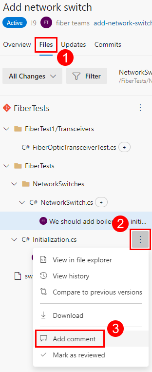 Screenshot: Kontextmenü der Dateistruktur auf der Registerkarte „Dateien“ für einen Azure Repos-PR