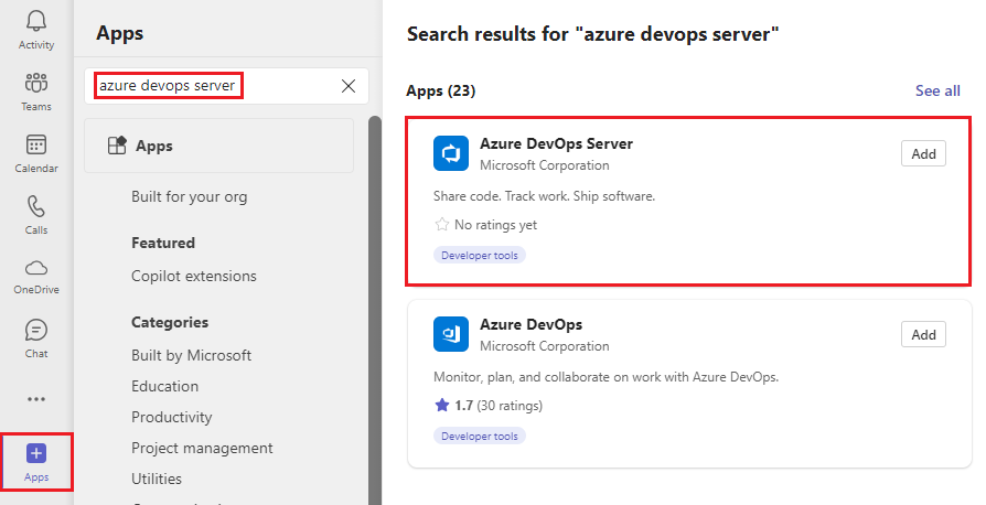 Screenshot der Suche nach Azure DevOps Server in Teams.