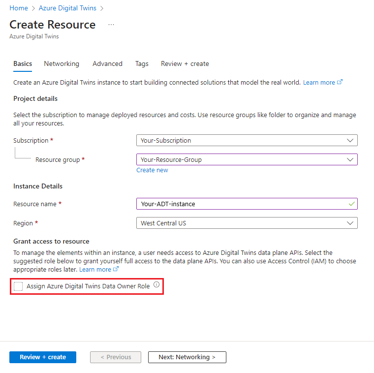 Screenshot des Prozesses „Ressource erstellen“ für Azure Digital Twins im Azure-Portal. Das Kontrollkästchen unter „Zugriff auf Ressource gewähren“ ist deaktiviert.