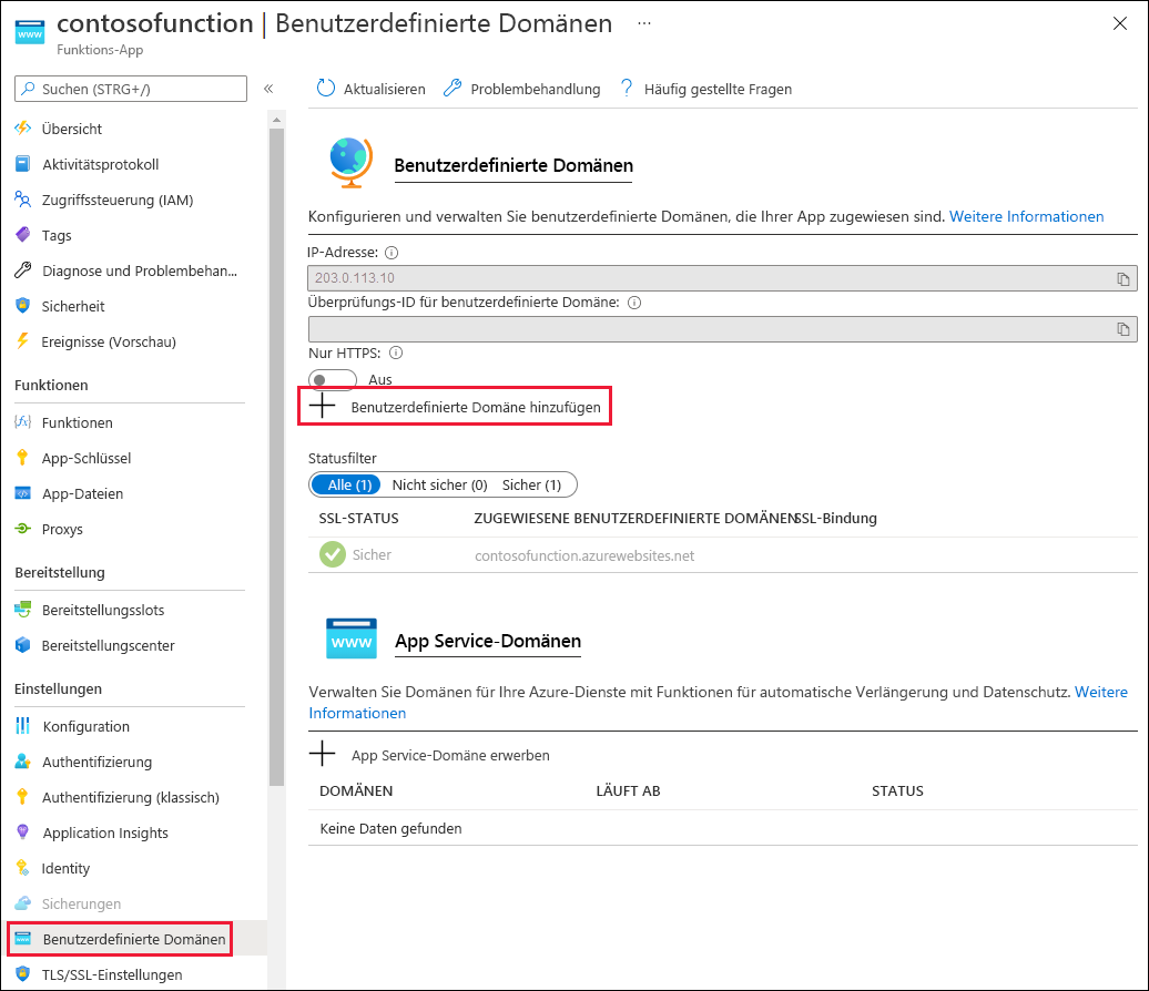 Screenshot: Schaltfläche „Benutzerdefinierte Domäne hinzufügen“ für Funktions-App