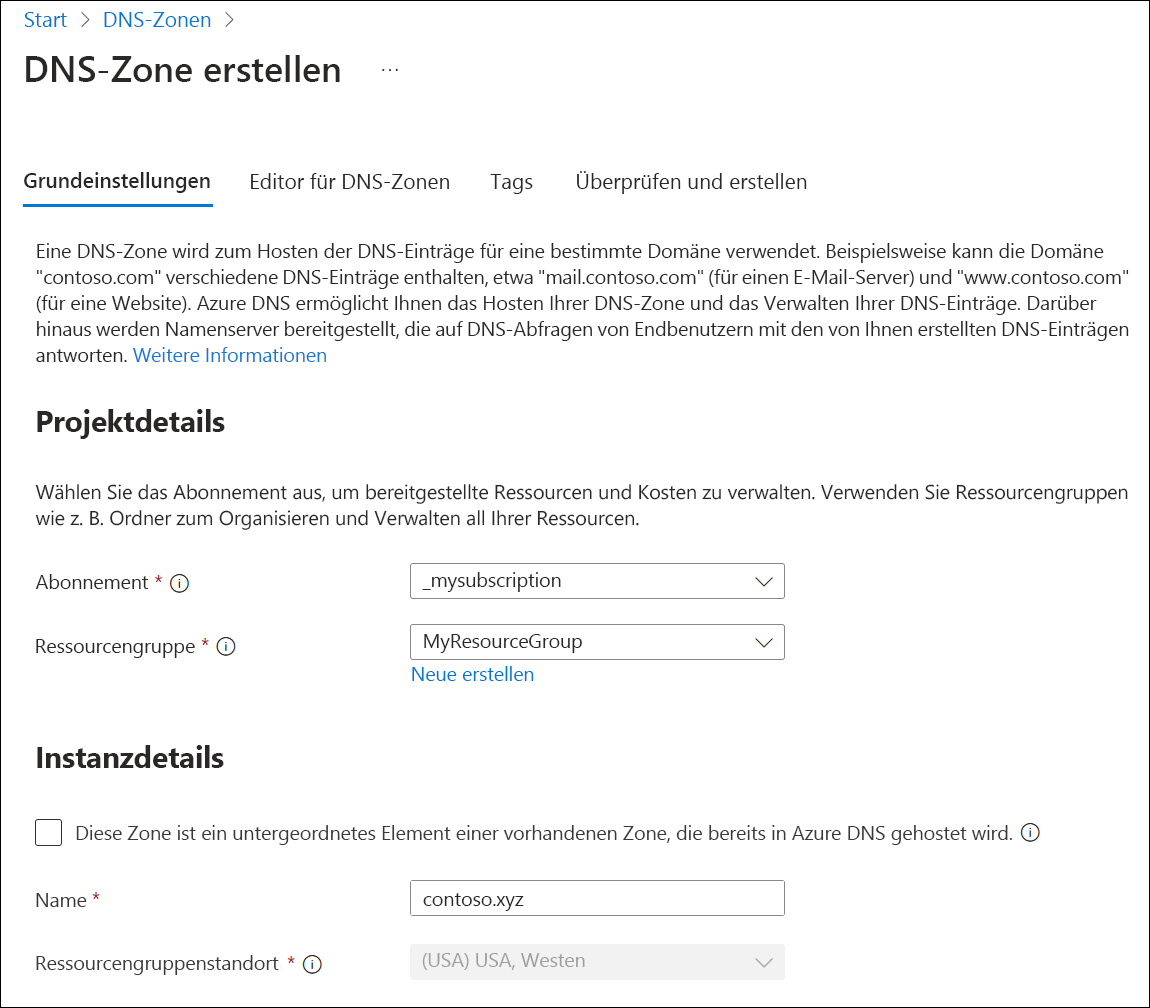 Screenshot: Seite „DNS-Zone erstellen“ mit den Einstellungen, die in diesem Tutorial zum Erstellen einer übergeordneten DNS-Zone verwendet wurden