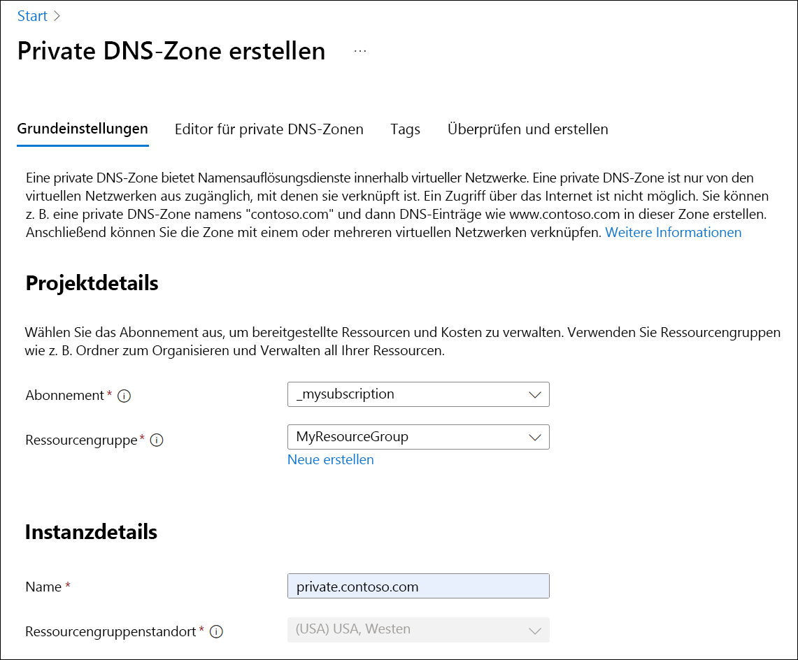 Screenshot: Erstellen einer privaten DNS-Zone.