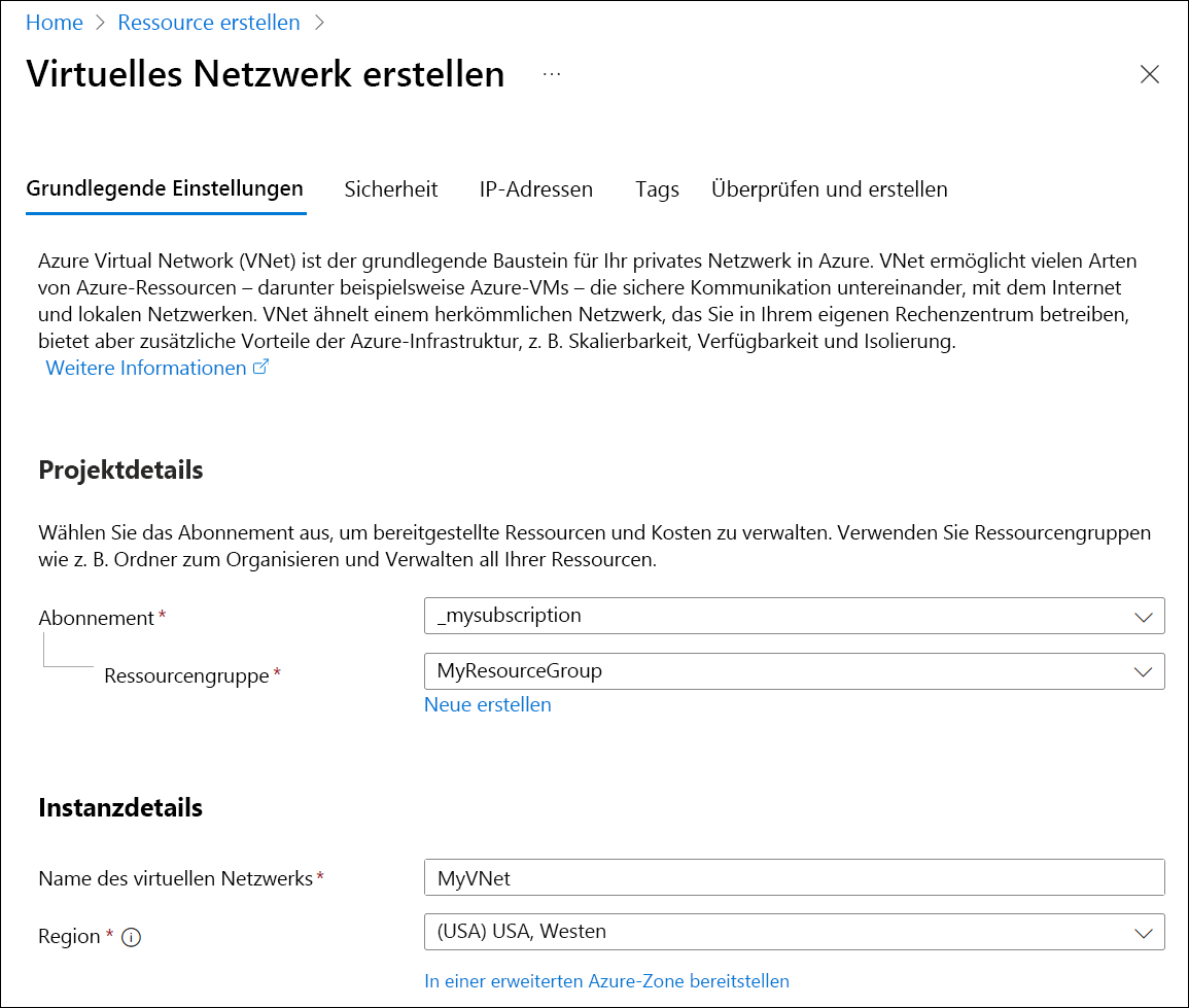 Screenshot: Registerkarte für die grundlegende Erstellung eines VNet