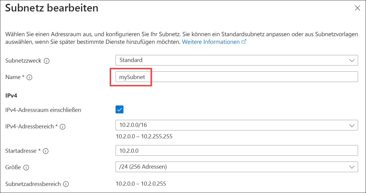 Screenshot: Angeben des IPv4-Adressraums für das Subnetz