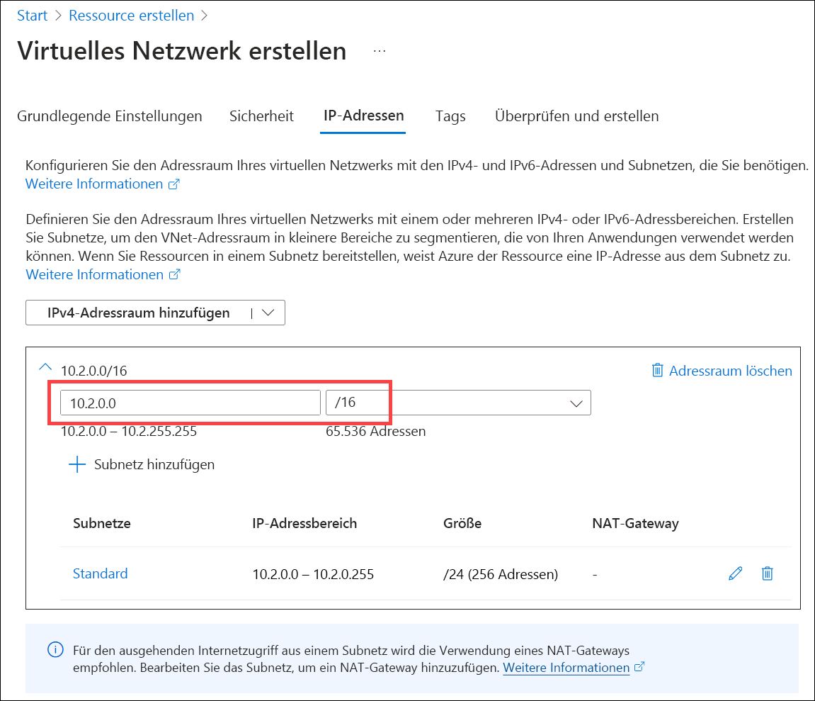 Screenshot: Angeben des IPv4-Adressraums für das VNet