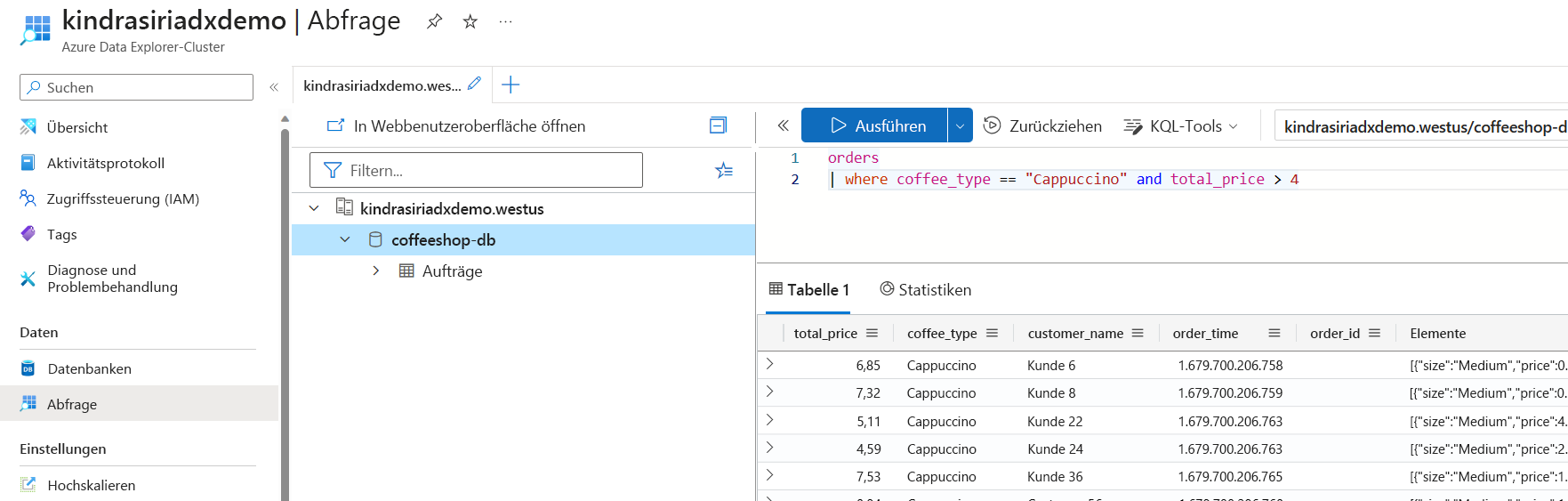 Diagramm: Abfrage und Ausgabe des Azure Data Explorer