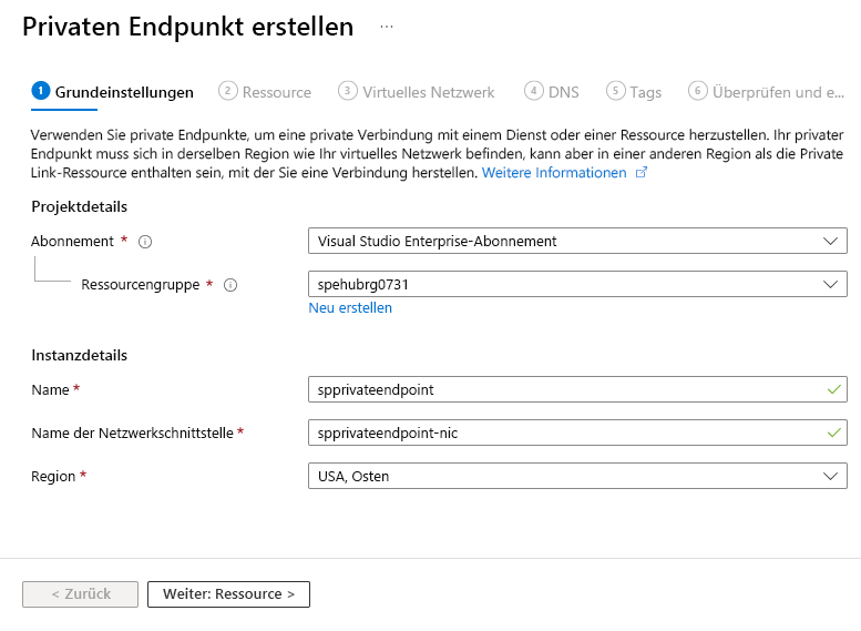 Screenshot: Seite „Grundlagen“ des Assistenten zum Erstellen eines privaten Endpunkts.