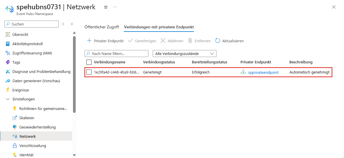 Screenshot der Seite „Private Endpunktverbindungen“ mit dem neu erstellten privaten Endpunkt.