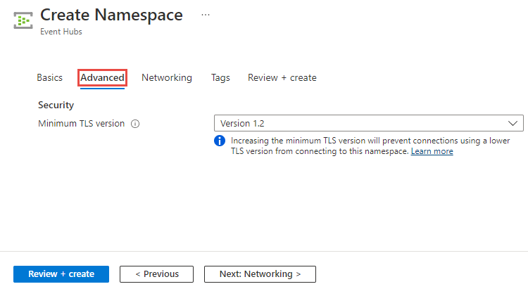 Screenshot: Seite zum Festlegen der TLS-Mindestversion beim Erstellen eines Namespace