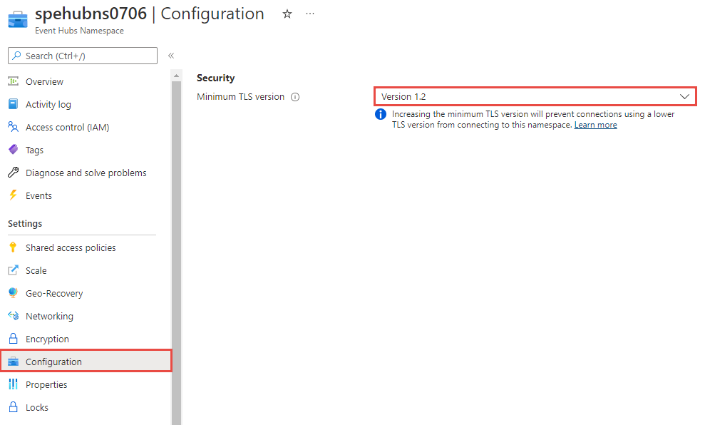 Screenshot: Seite zum Festlegen der TLS-Mindestversion für einen vorhandenen Namespace