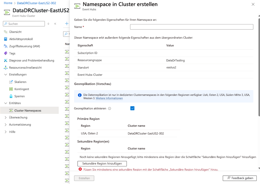 Screenshot: Dedizierte Benutzeroberfläche zum Erstellen von Namespaces mit Georeplikationsbenutzeroberfläche