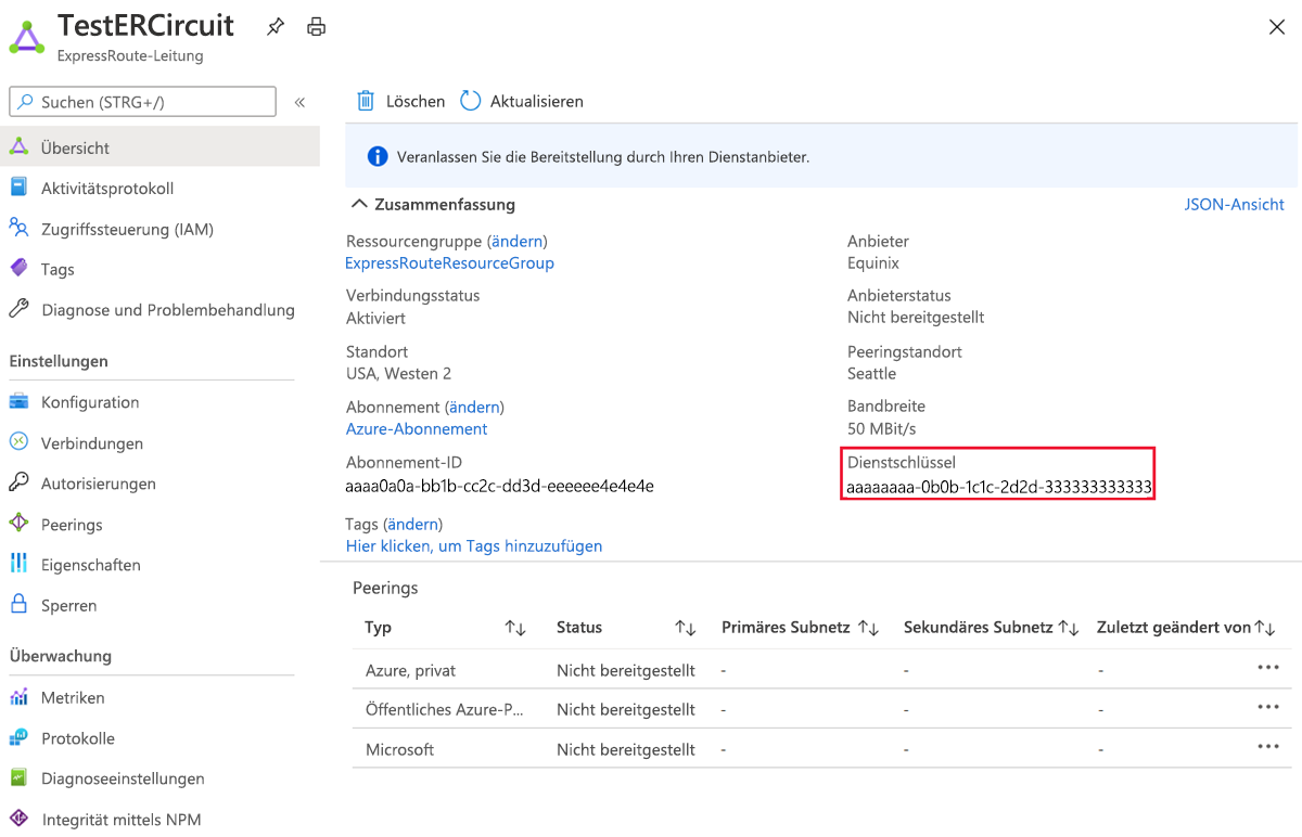 Screenshot der ExpressRoute-Eigenschaften