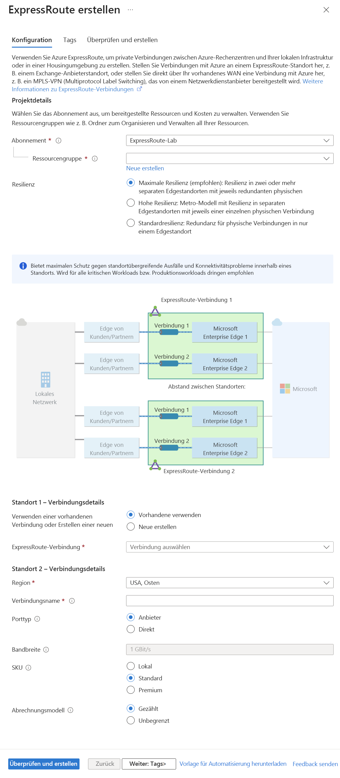 Screenshot der neuen ExpressRoute-Schaltkreiskonfigurationsseite.