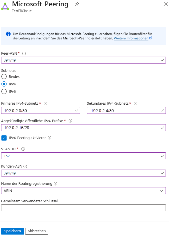 Screenshot: Konfiguration des Microsoft-Peerings