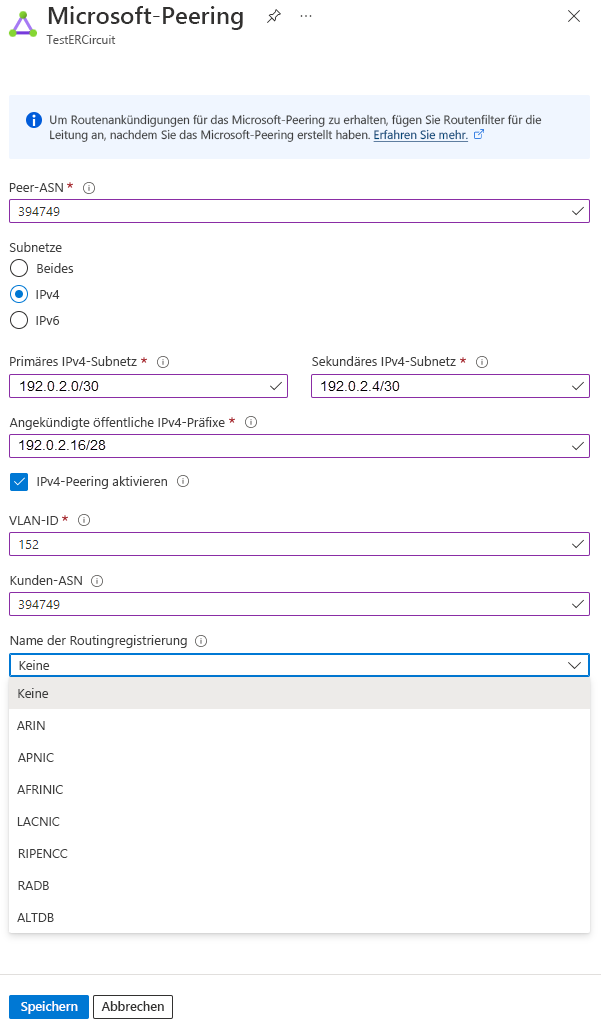 Screenshot: Aktualisieren der Konfiguration des Microsoft-Peerings