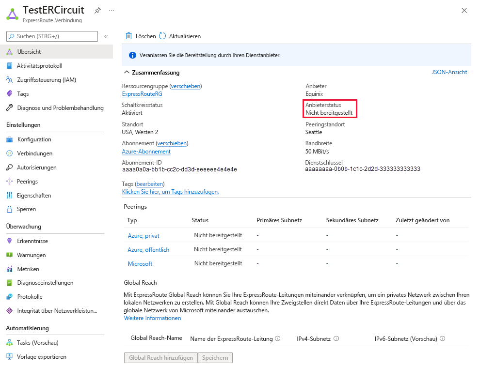 Screenshot: Übersichtsseite für die ExpressRoute-Demoleitung mit einem roten Feld, das den Anbieterstatus hervorhebt, der auf „Nicht bereitgestellt“ festgelegt ist