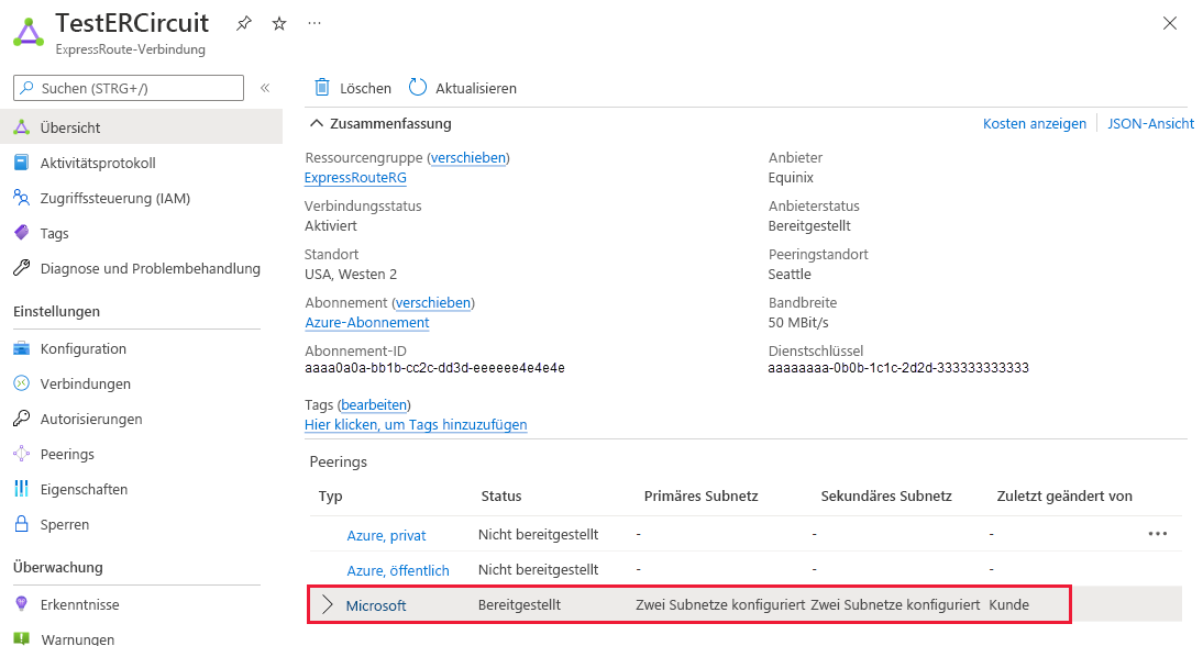 Screenshot: Anzeigen der Eigenschaften des Microsoft-Peerings