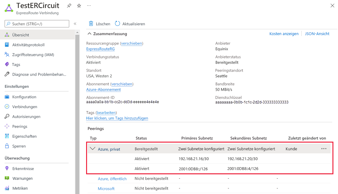 Screenshot: Anzeigen der Eigenschaften für das private Peering
