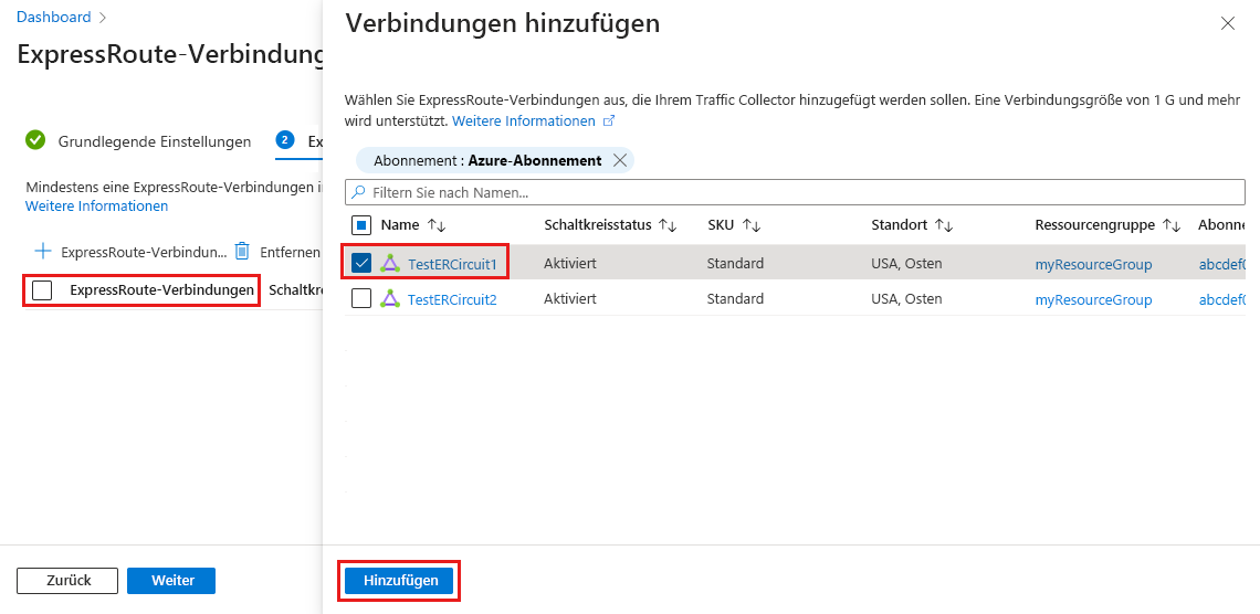 Der Screenshot der Registerkarte ExpressRoute-Verbindungen auswählen und Verbindungen hinzufügen.