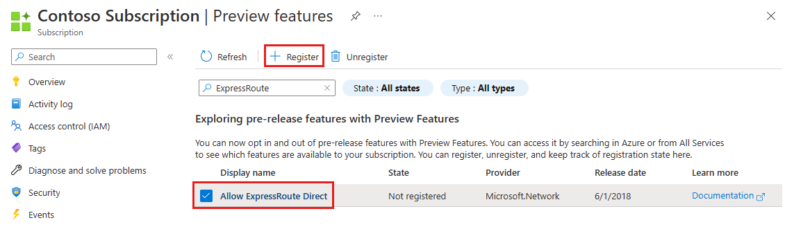 Screenshot: Registrierung des Features „ExpressRoute Direct zulassen“.