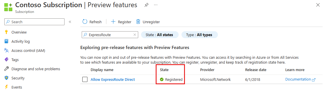 Screenshot: Registriertes Features „ExpressRoute Direct zulassen“.