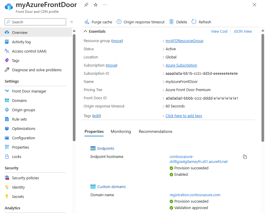 Screenshot: Zugriff auf Geheimnisse eines Front Door-Profils unter „Einstellungen“.