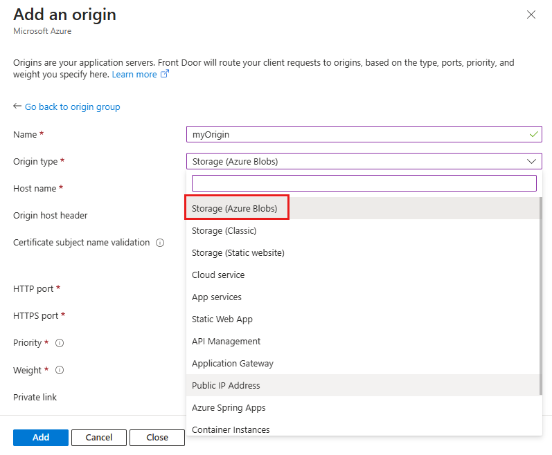 Screenshot des Hinzufügens eines Azure Blob Storage als Ursprung zu Azure Front Door.