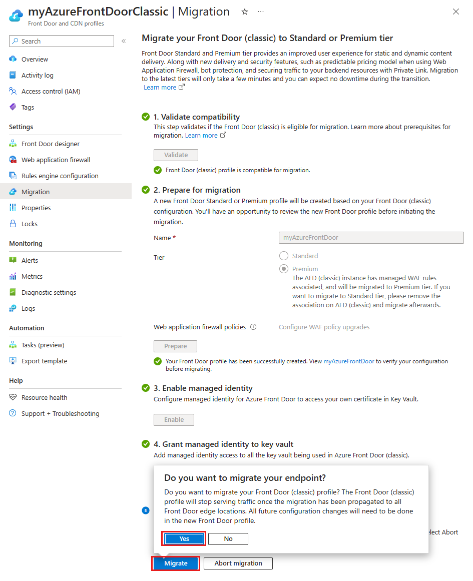 Screenshot der Schaltflächen zum Migrieren und Bestätigen der Azure Front Door-Migration.