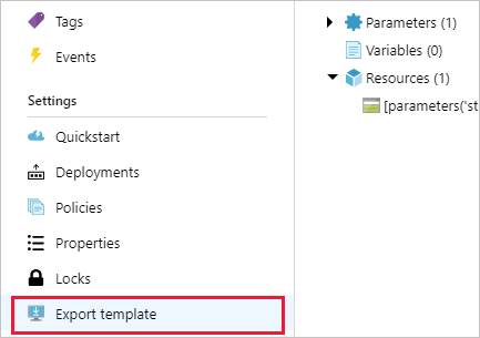 Screenshot: Seite „Exportvorlage“ für eine vorhandene Ressource im Azure-Portal