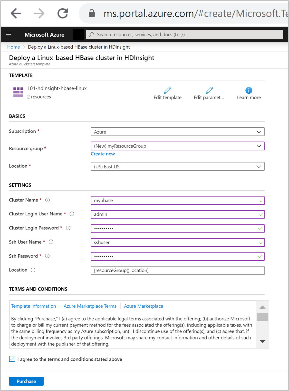 Bereitstellen der Resource Manager-Vorlage HBase