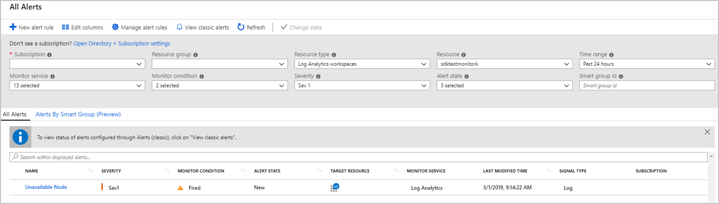 Screenshot, der den Schweregrad des Log Analytics-Arbeitsbereichs um eine Warnung zeigt.