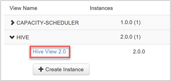 HDInsight-Ansichten – Apache Hive-Ansicht.