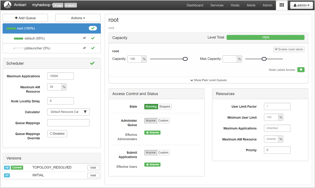 Seite mit Details zum YARN Queue Manager.