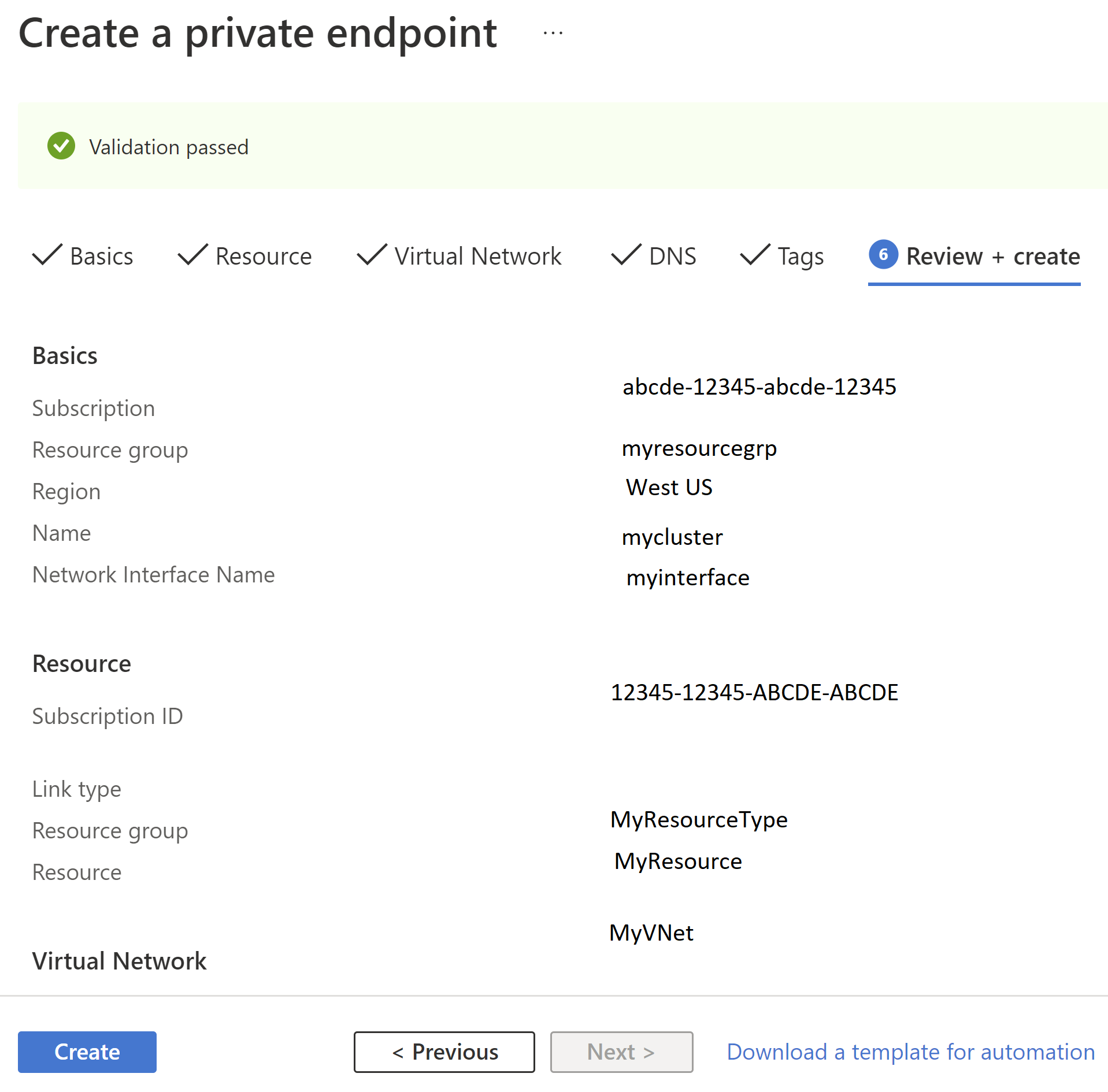 Diagramm der Private Link-Registerkarte „Überprüfen“.