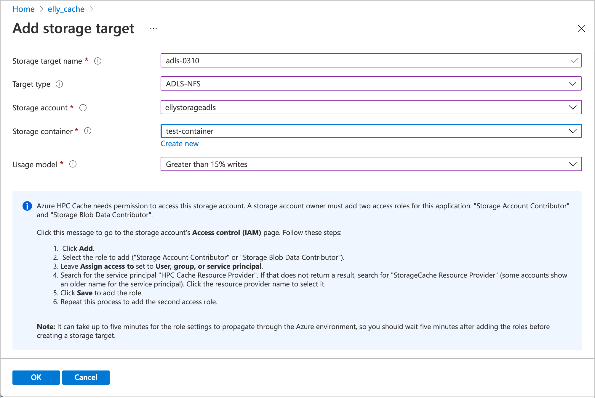 Screenshot: Seite „Speicherziel hinzufügen“ mit definiertem ADLS-NFS-Ziel