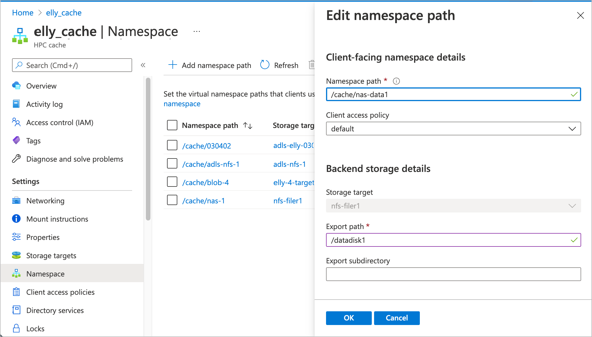 screenshot of the portal namespace page with the NFS update page open at the right